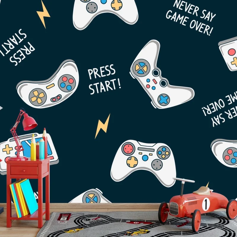 Carta da parati motivo gamer con controller e console