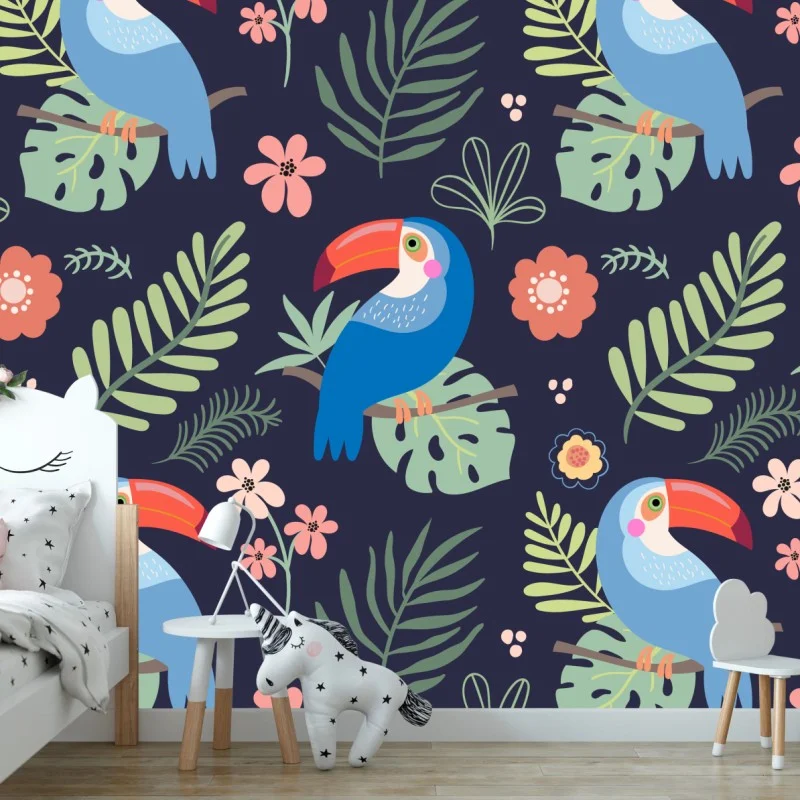 Carta da parati motivo tucani tropicali su sfondo scuro