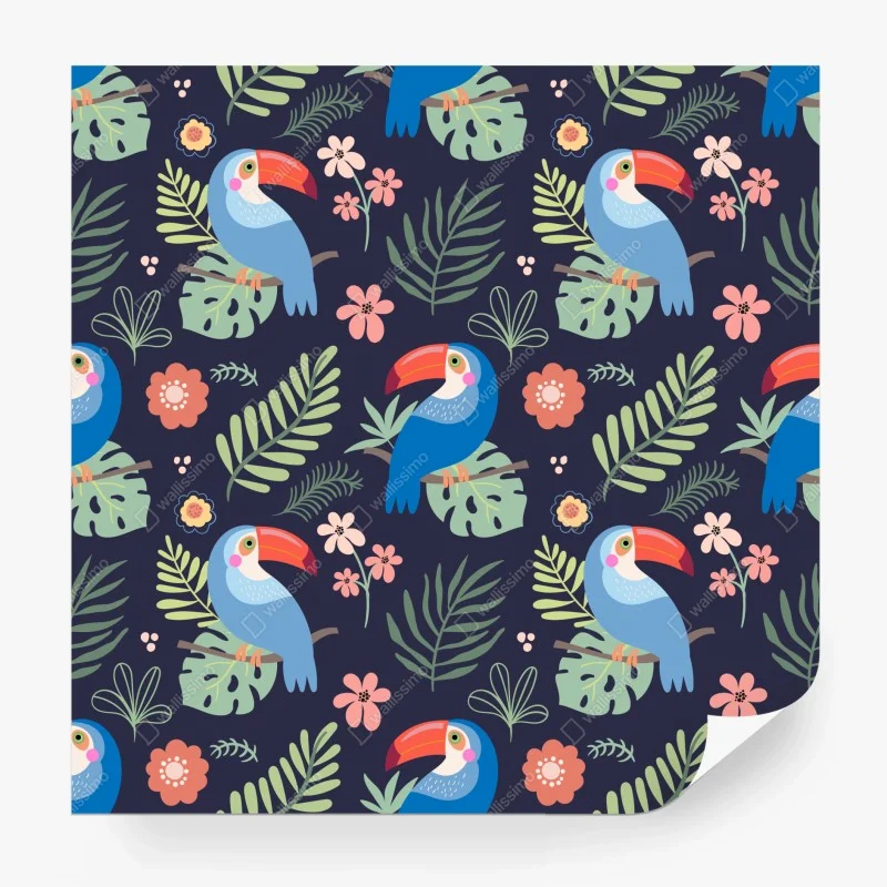 Carta da parati motivo tucani tropicali su sfondo scuro