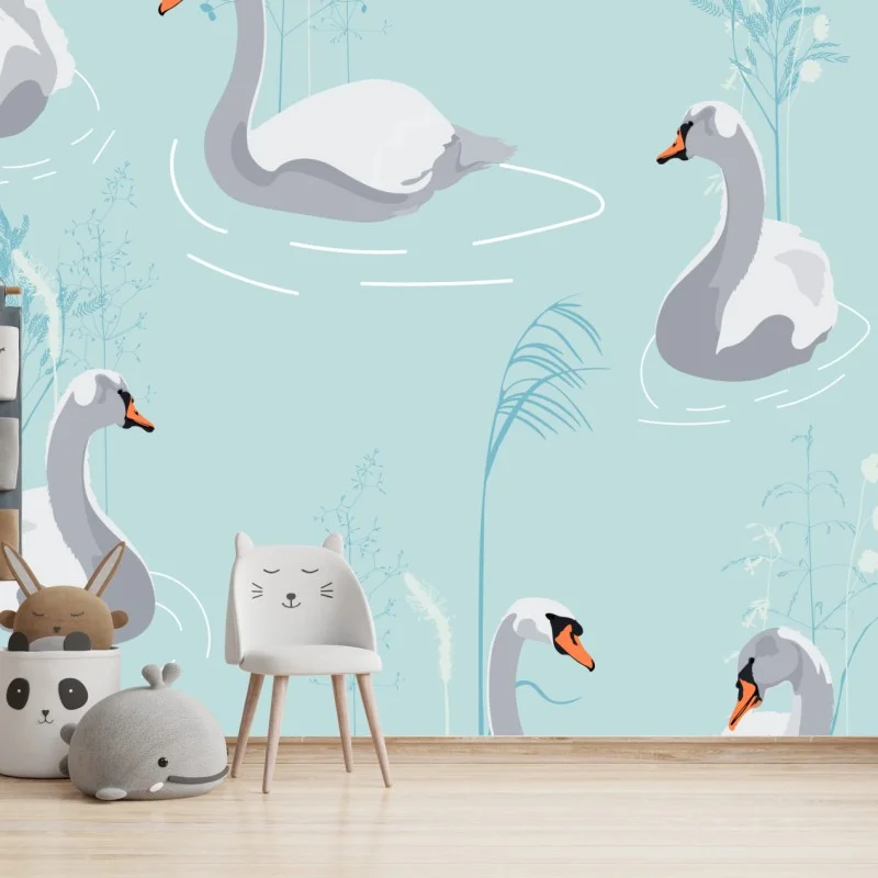 Carta da parati cigni sul lago: motivo elegante e pastello