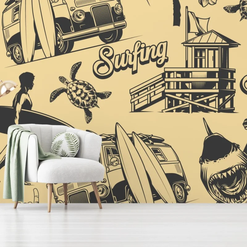 Carta da parati motivo surf retrò tropicale