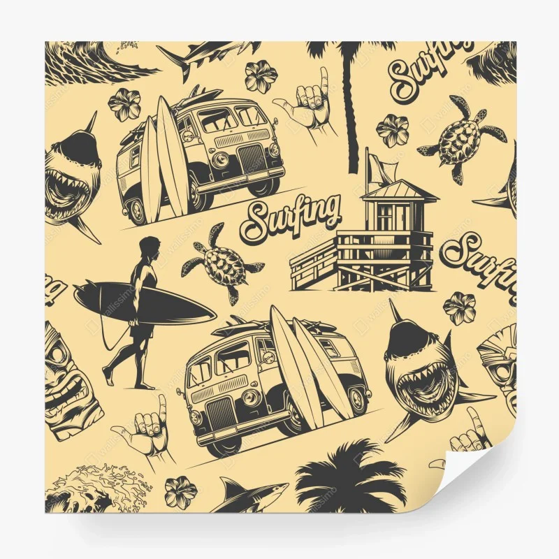 Carta da parati motivo surf retrò tropicale