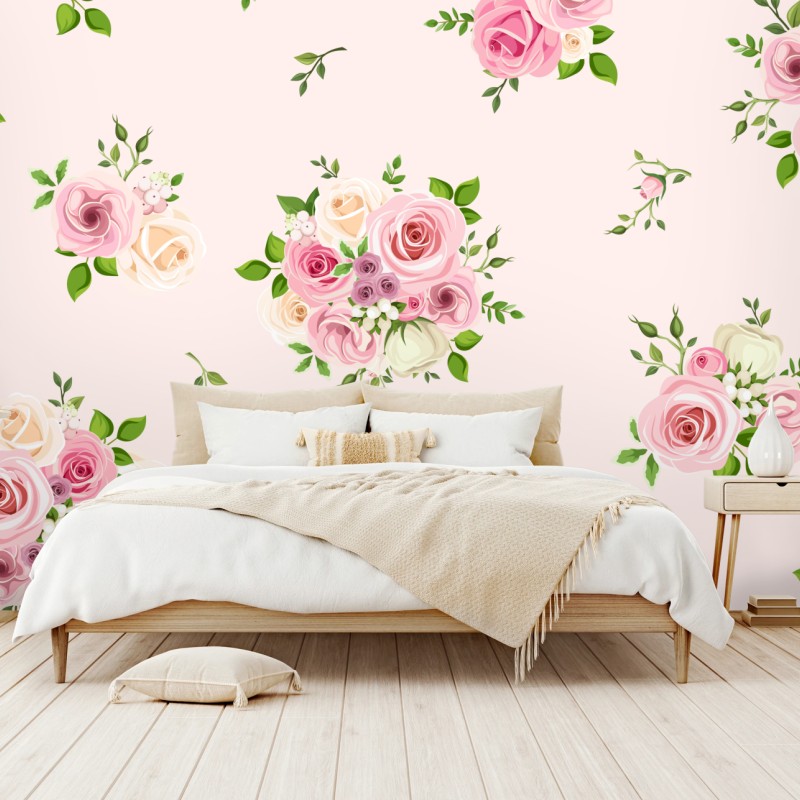 Carta da parati bouquet di rose pastello su sfondo rosa