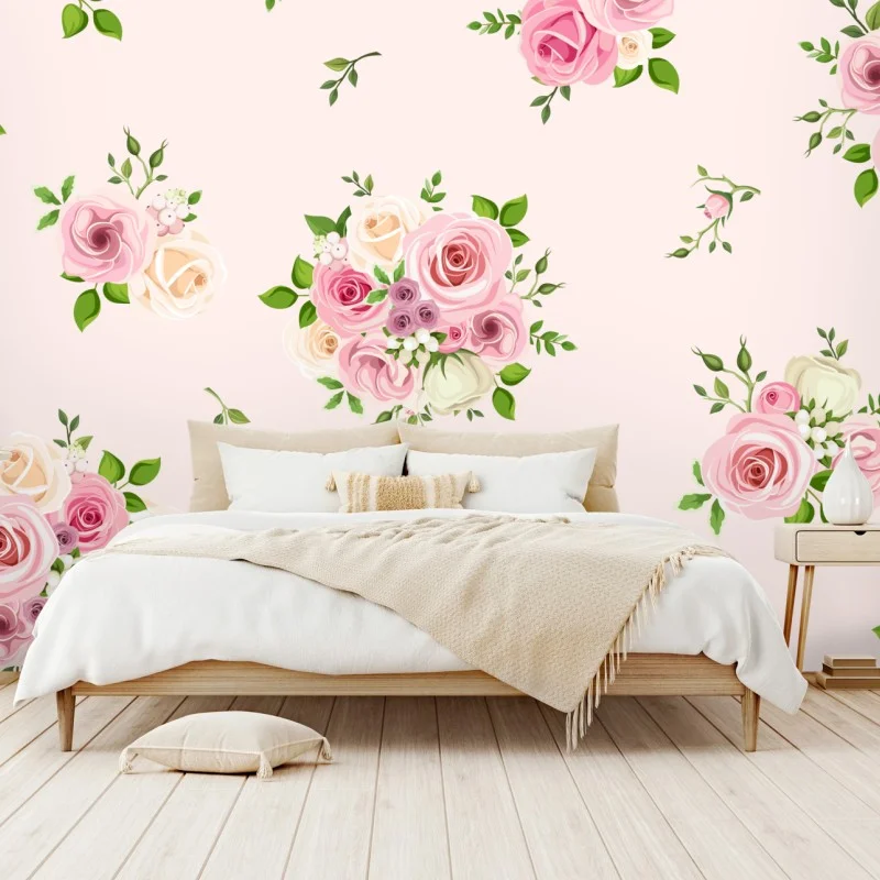 Carta da parati bouquet di rose pastello su sfondo rosa