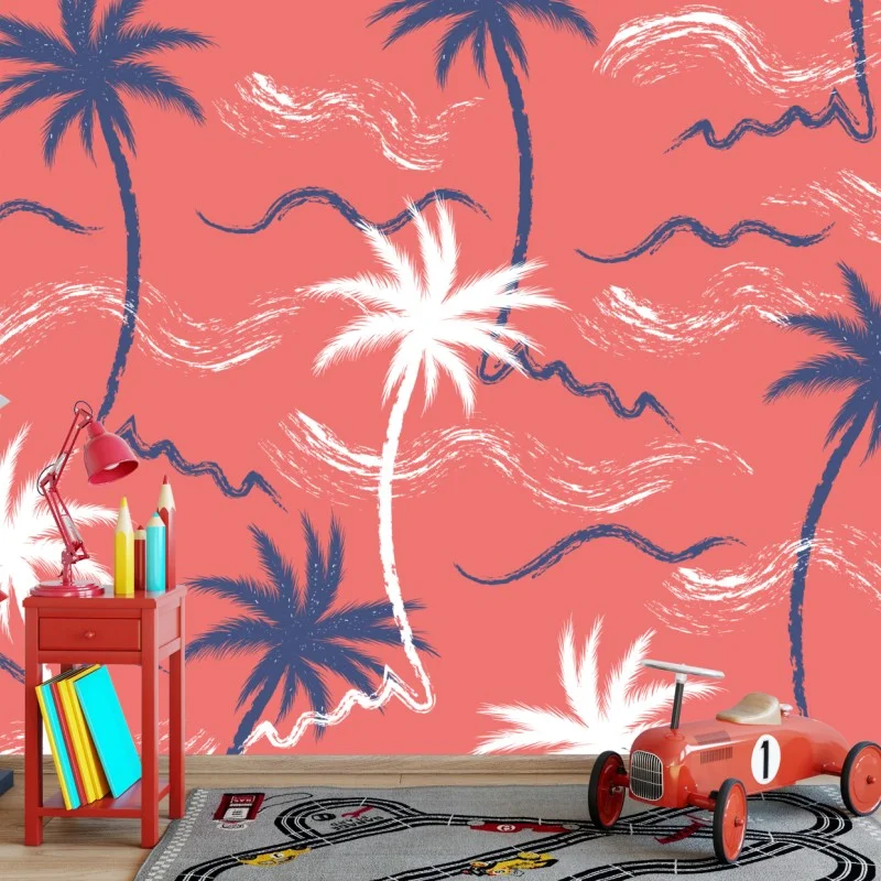 Carta da parati motivo tropicale di palme su sfondo corallo