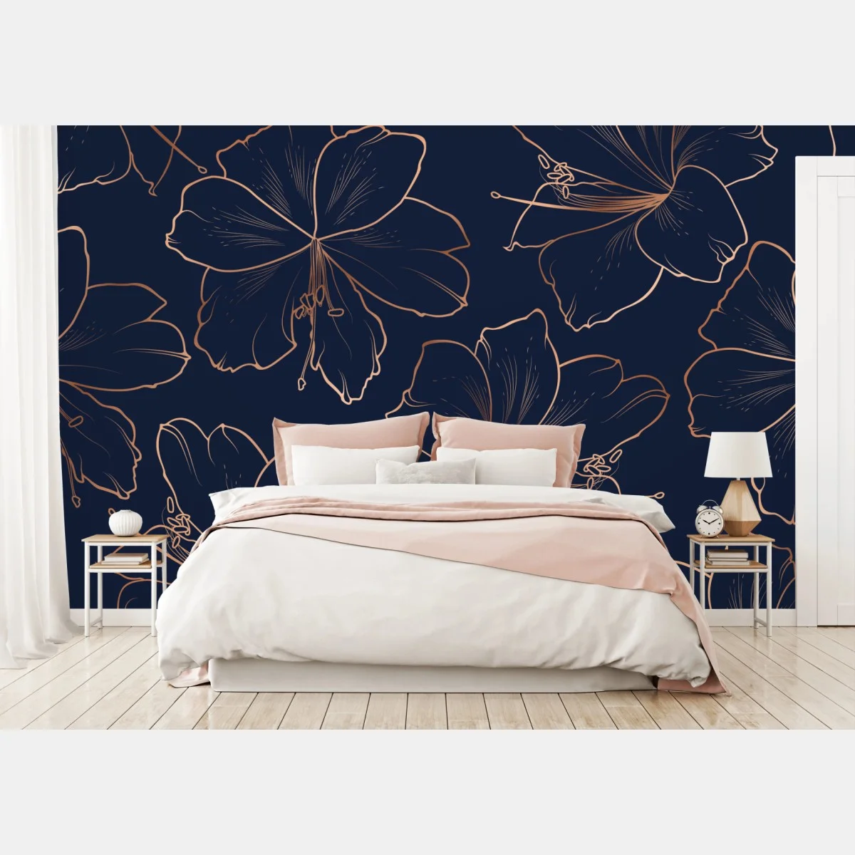 Carta da parati motivo floreale oro rosa su blu notte • Wallissimo® Carta da parati motivo floreale oro rosa su blu notte • Wallissimo®