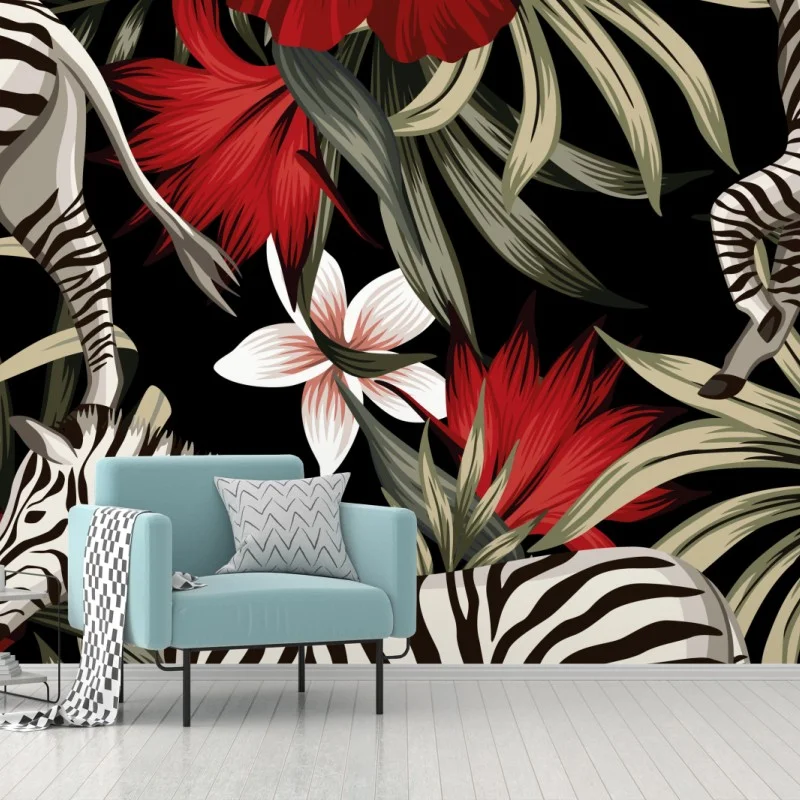 Carta da parati motivo tropicale con zebre e fiori rossi
