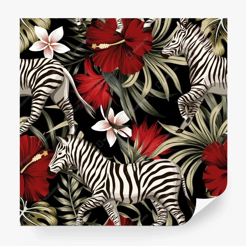 Carta da parati motivo tropicale con zebre e fiori rossi