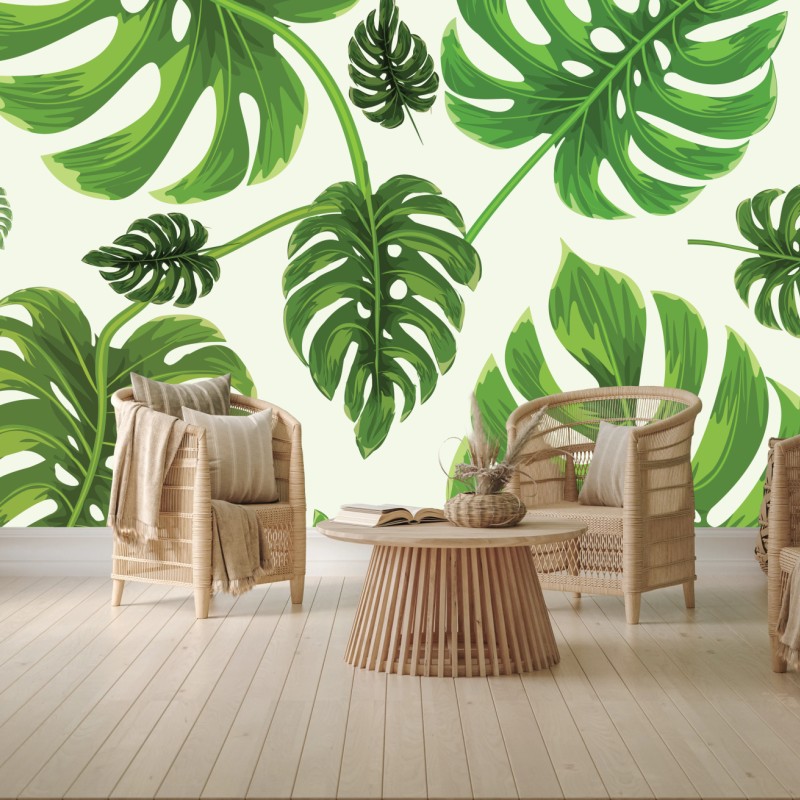 Carta da parati motivo tropicale con foglie di monstera