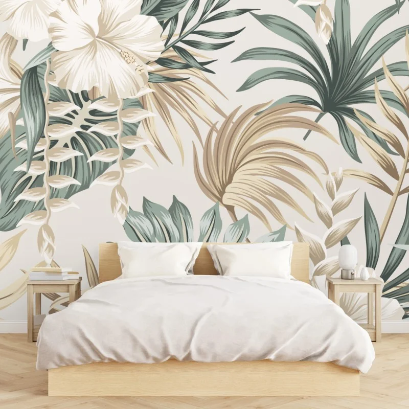 Carta da parati motivo tropicale elegante con fiori e foglie