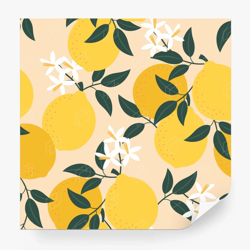 Carta da parati motivo di limoni e fiori su sfondo beige