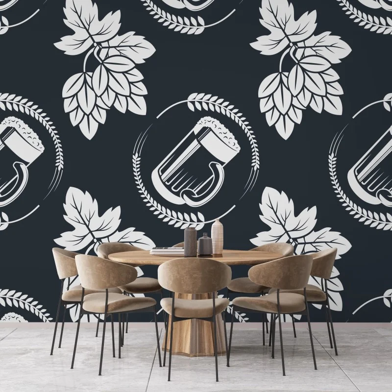 Carta da parati motivo birra e luppolo in stile vintage