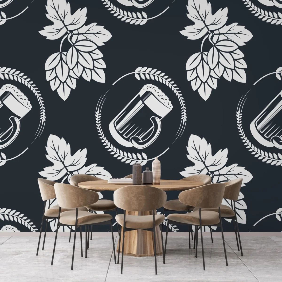 Carta da parati motivo birra e luppolo in stile vintage • Wallissimo® Carta da parati motivo birra e luppolo in stile vintage • Wallissimo®