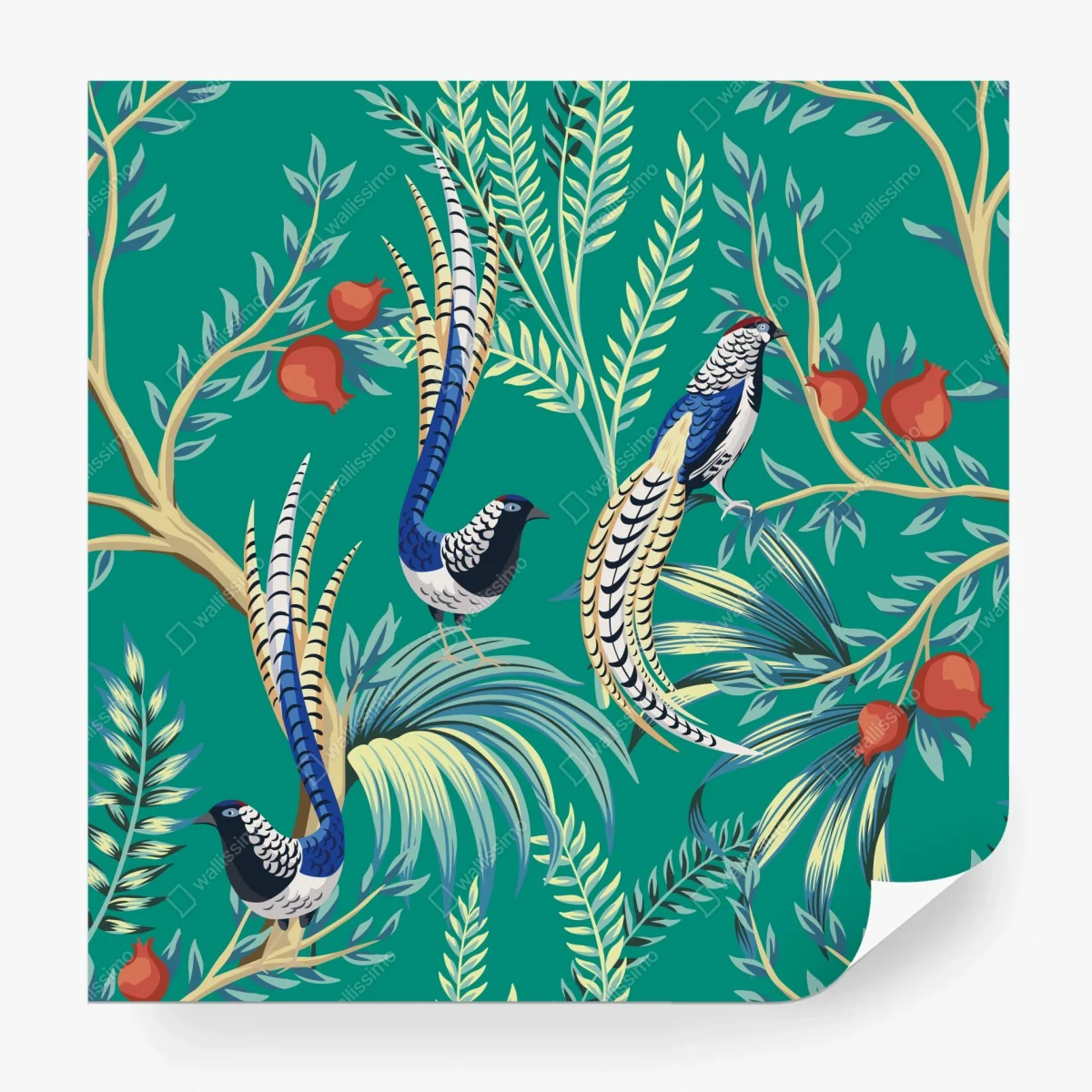 Carta da parati motivo tropicale con uccelli e melograni • Wallissimo®