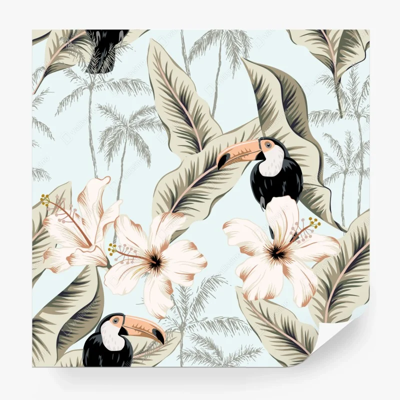 Carta da parati motivo tropicale con tucani e ibischi