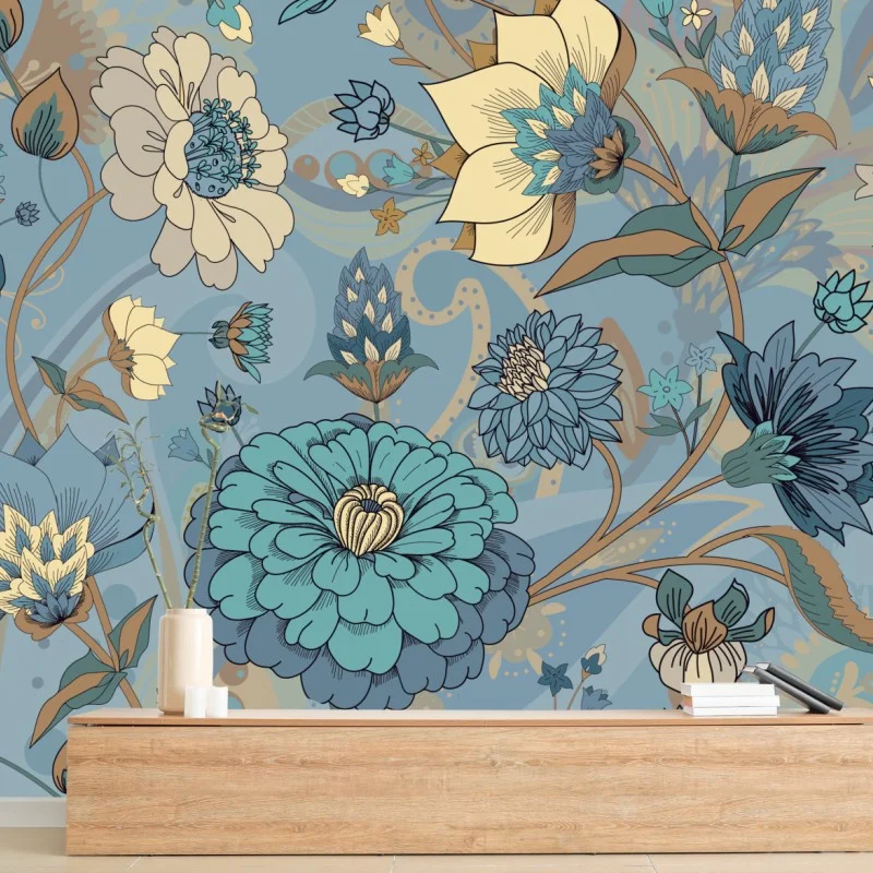 Carta da parati motivo floreale vintage in tonalità blu e turchese