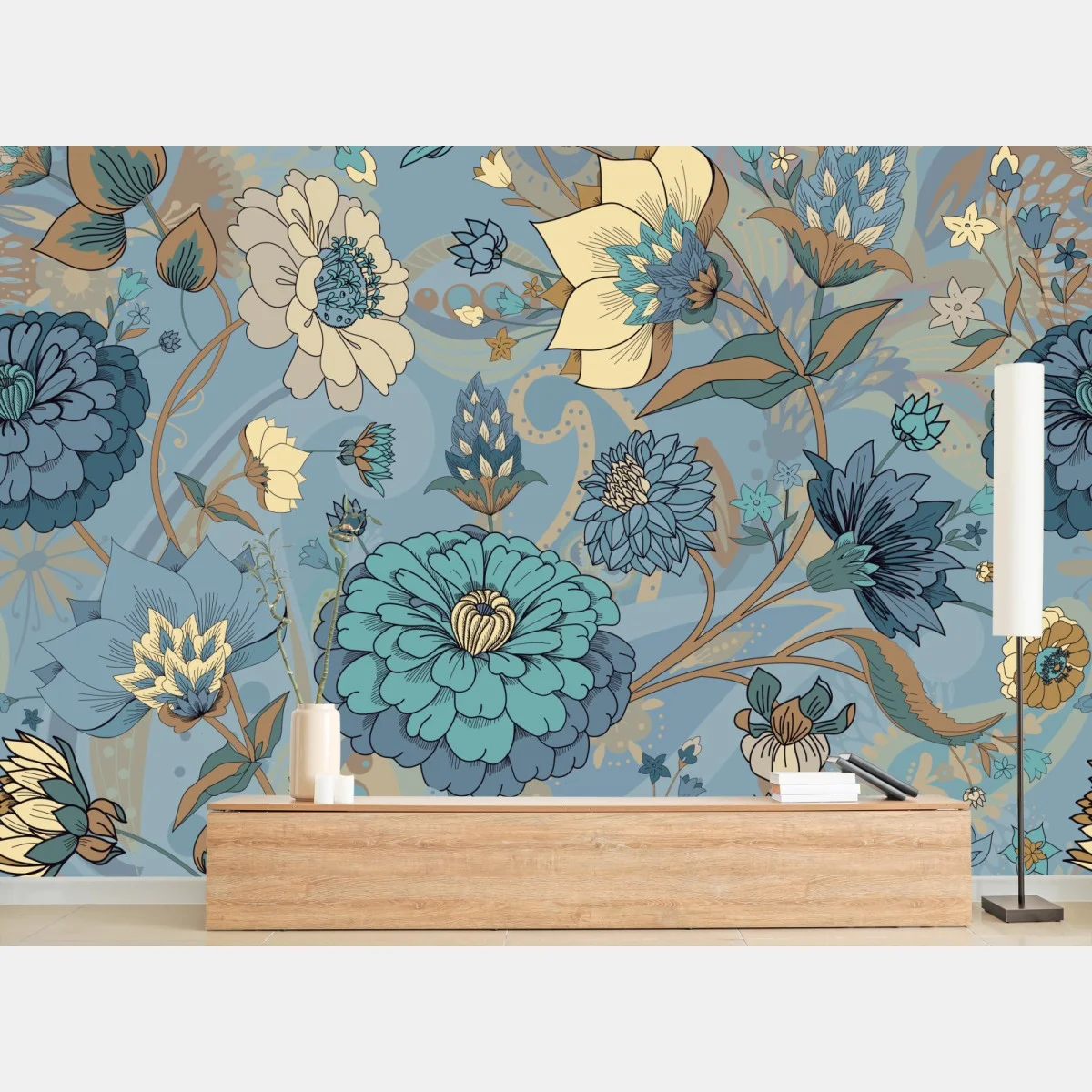 Carta da parati motivo floreale vintage in tonalità blu e turchese • Wallissimo® Carta da parati motivo floreale vintage in tonalità blu e turchese • Wallissimo®