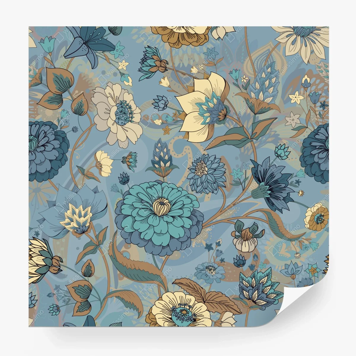 Carta da parati motivo floreale vintage in tonalità blu e turchese • Wallissimo® Carta da parati motivo floreale vintage in tonalità blu e turchese • Wallissimo®