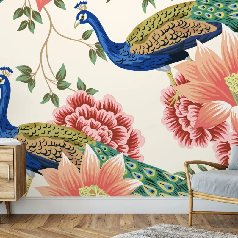 Carta da parati pavoni e fiori in stile botanico