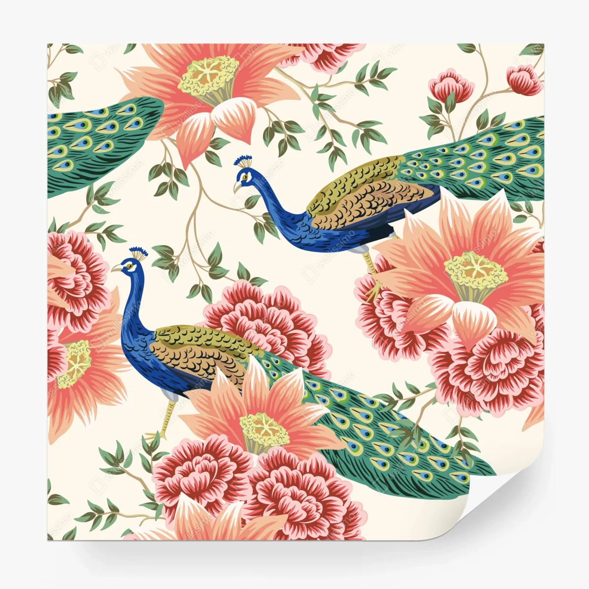 Carta da parati pavoni e fiori in stile botanico • Wallissimo®