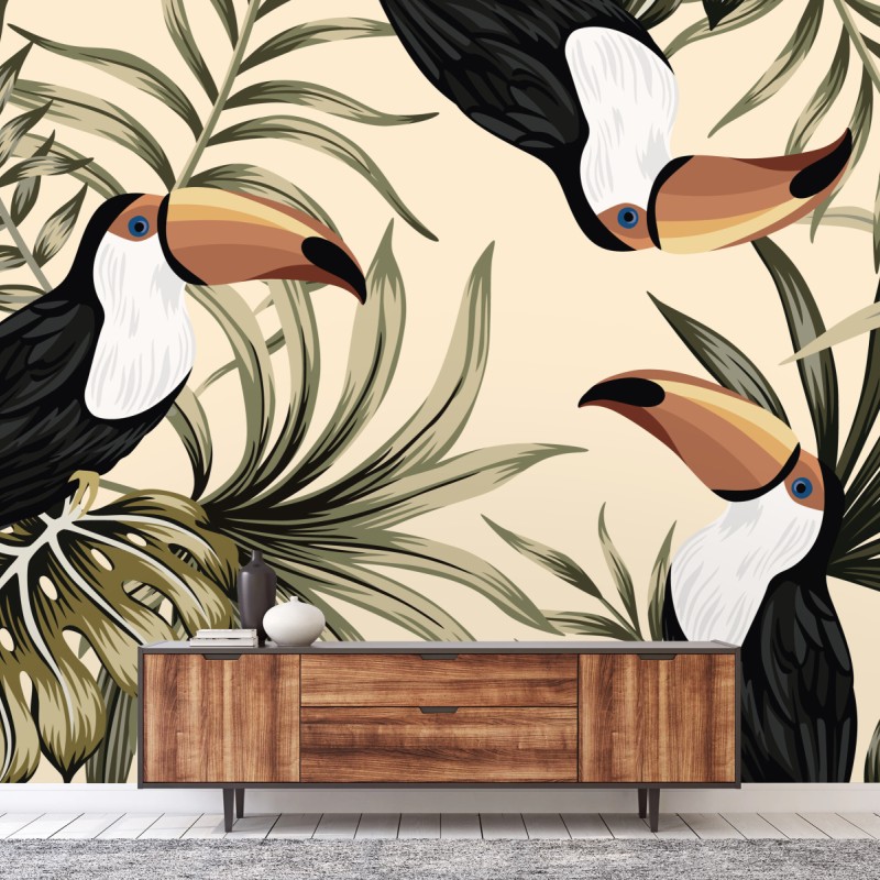 Carta da parati tucani tropicali e foglie botaniche su sfondo beige