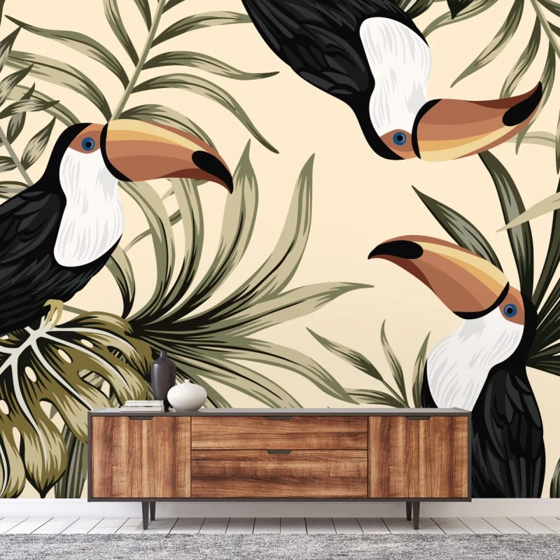 Carta da parati tucani tropicali e foglie botaniche su sfondo beige
