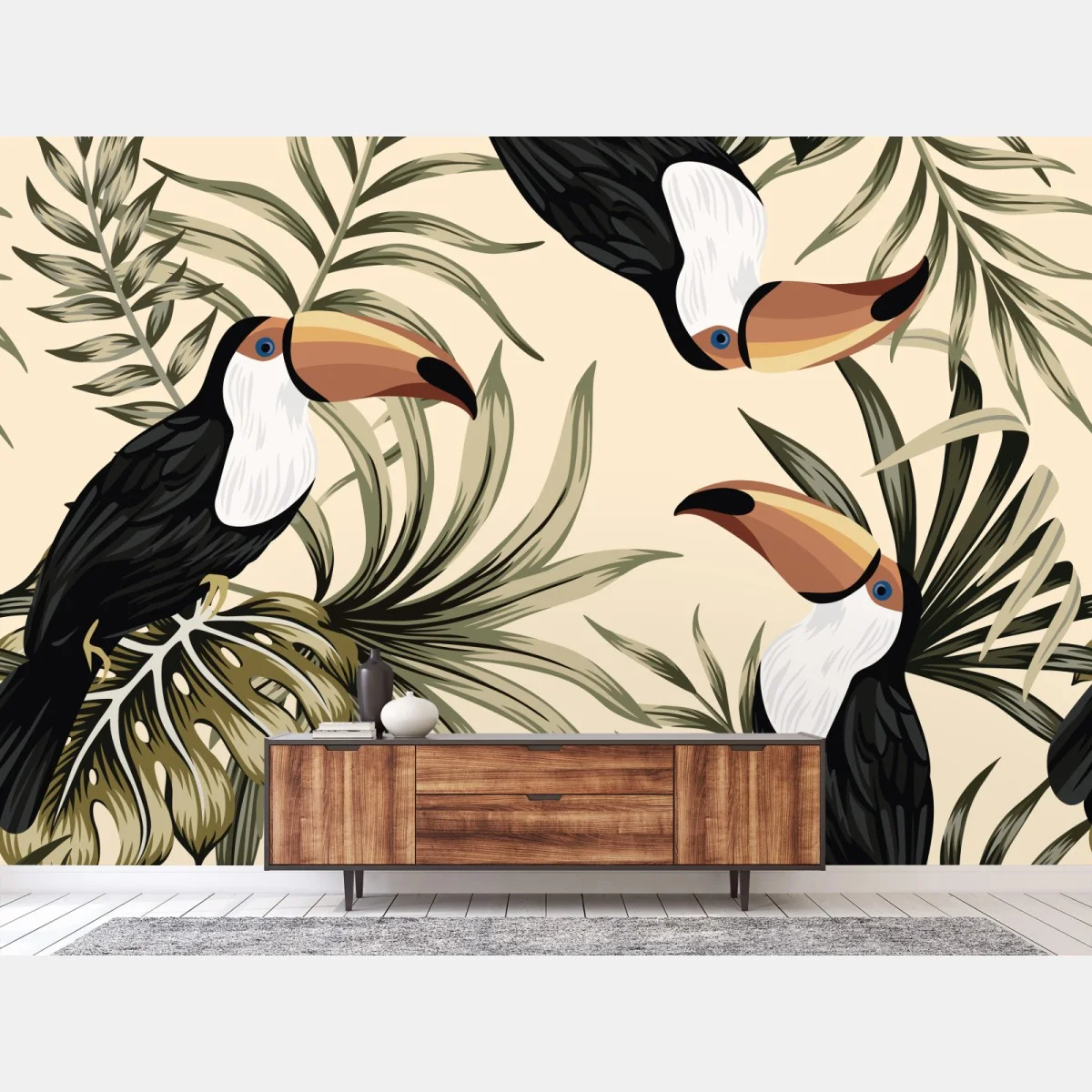 Carta da parati tucani tropicali e foglie botaniche su sfondo beige • Wallissimo® Carta da parati tucani tropicali e foglie botaniche su sfondo beige • Wallissimo®