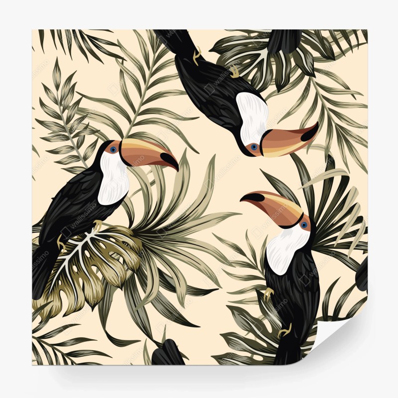 Carta da parati tucani tropicali e foglie botaniche su sfondo beige