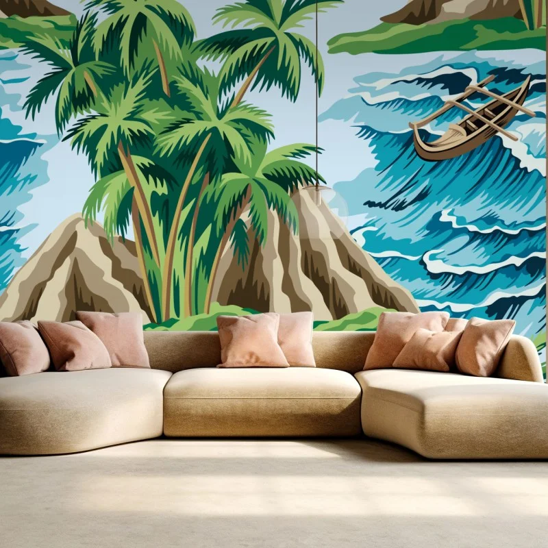 Carta da parati oasi tropicale tra palme e onde