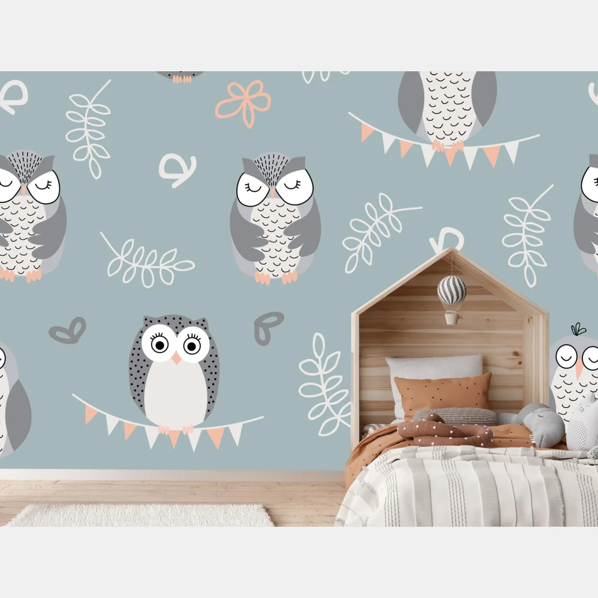 Carta da parati civette pastello su sfondo azzurro • Wallissimo® Carta da parati civette pastello su sfondo azzurro • Wallissimo®