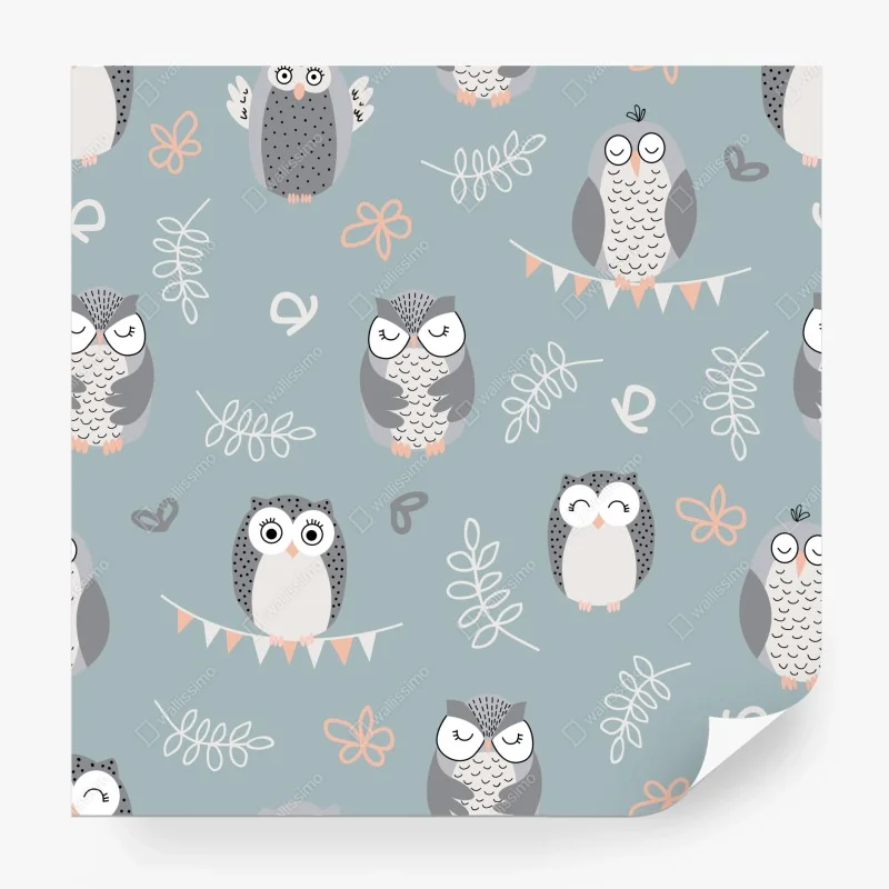 Carta da parati civette pastello su sfondo azzurro