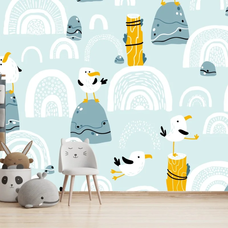 Carta da parati gabbiani su scogli e archi marini in stile nordico