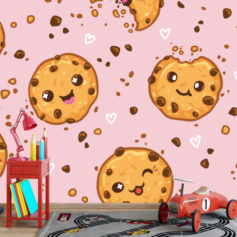 Carta da parati motivo di biscotti kawaii su sfondo rosa