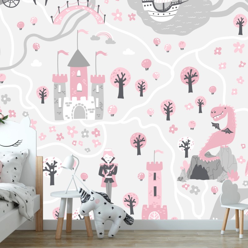 Carta da parati mappa del regno fiabesco in rosa e grigio