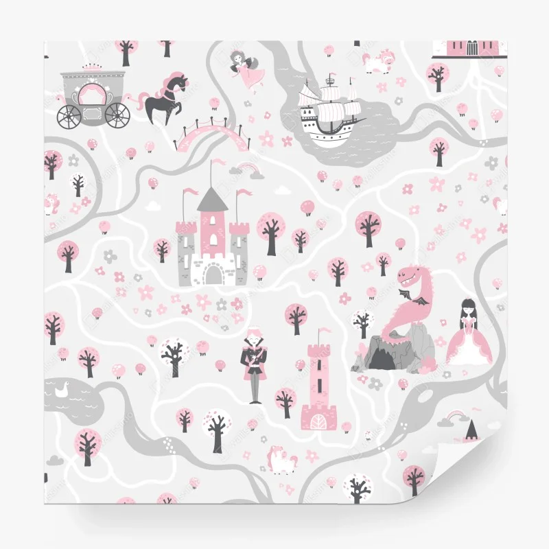 Carta da parati mappa del regno fiabesco in rosa e grigio