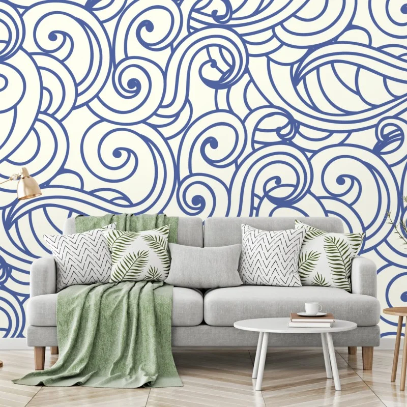 Carta da parati onde stilizzate blu su sfondo crema