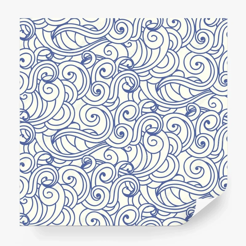 Carta da parati onde stilizzate blu su sfondo crema