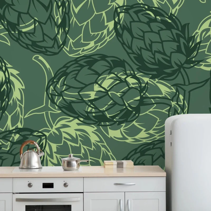 Carta da parati motivo di luppolo verde a effetto botanico