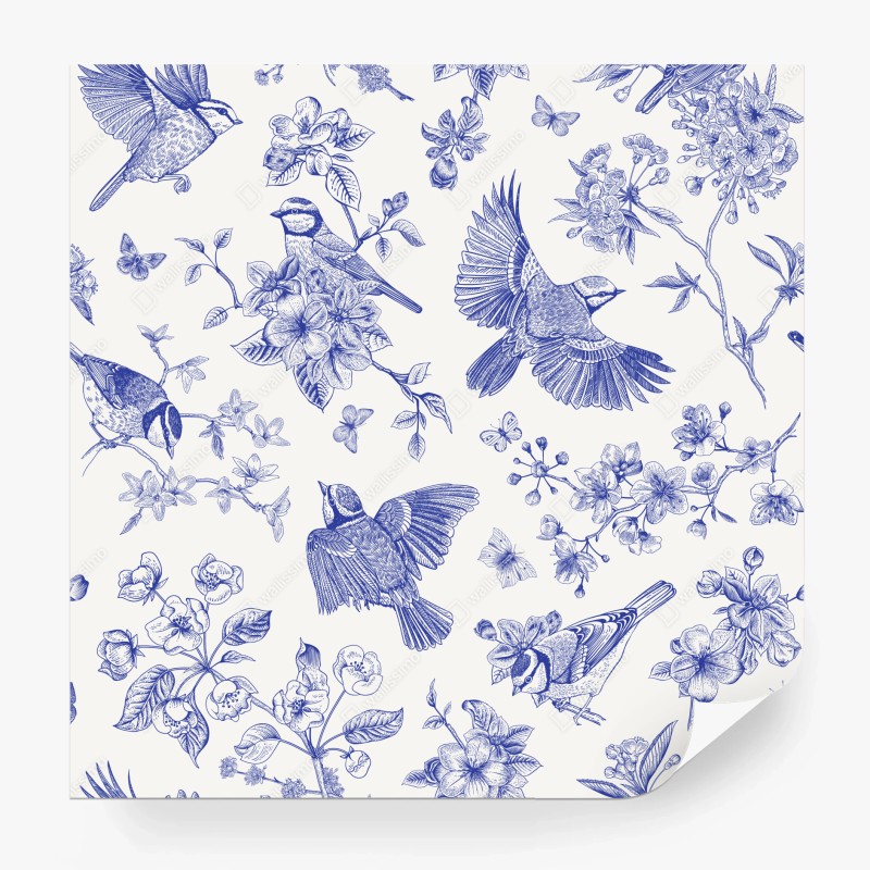 Carta da parati motivo botanico con uccelli in inchiostro blu