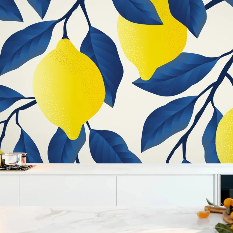 Carta da parati motivo limoni e foglie blu per decorare