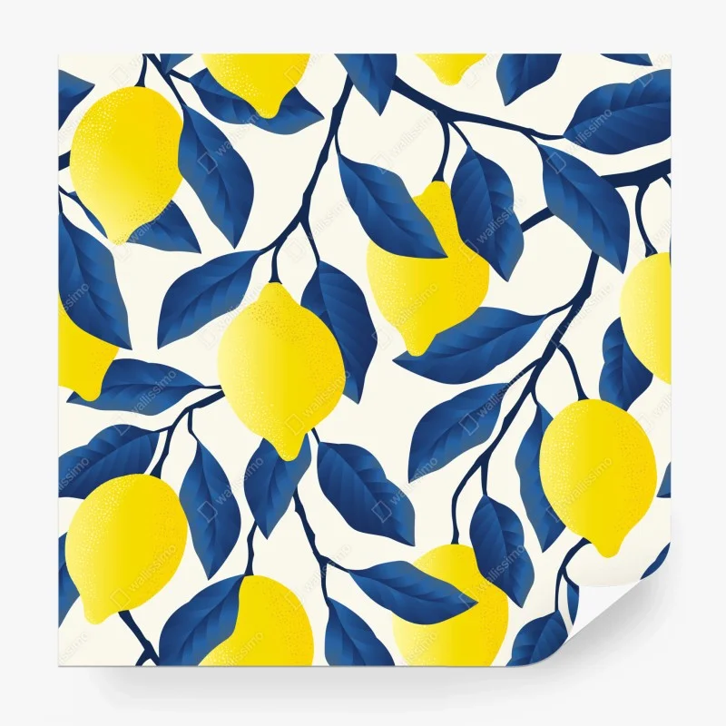Carta da parati motivo limoni e foglie blu per decorare