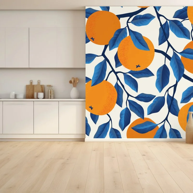 Carta da parati ramo di arance con foglie blu