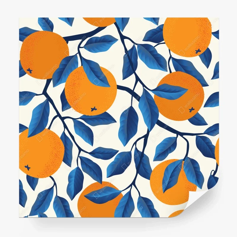 Carta da parati ramo di arance con foglie blu