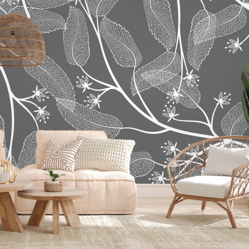 Carta da parati motivo botanico elegante in bianco e grigio