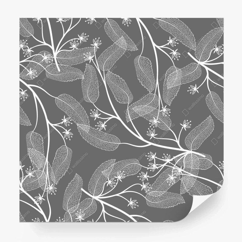 Carta da parati motivo botanico elegante in bianco e grigio