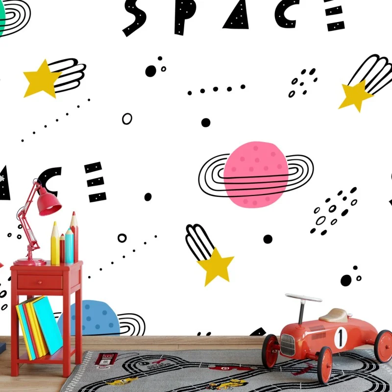 Carta da parati motivo spaziale colorato e giocoso