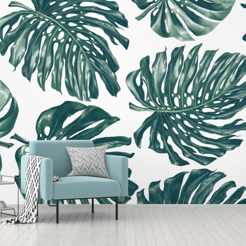 Carta da parati design botanico con foglie di monstera su sfondo bianco