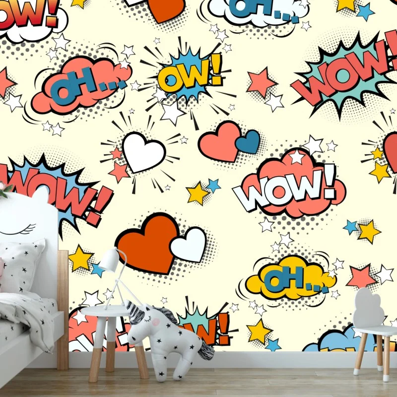Carta da parati motivo pop art con fumetti e cuori