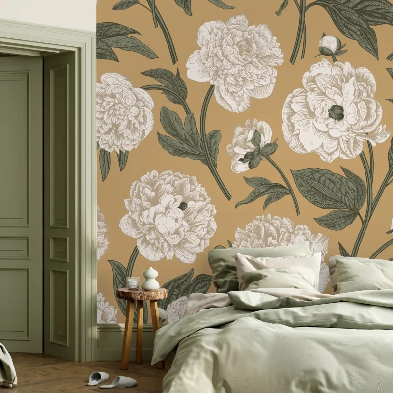 Carta da parati peonie ornamentali su sfondo beige