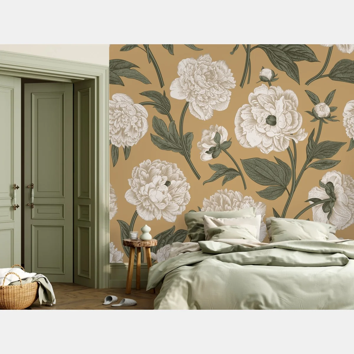 Carta da parati peonie ornamentali su sfondo beige • Wallissimo® Carta da parati peonie ornamentali su sfondo beige • Wallissimo®